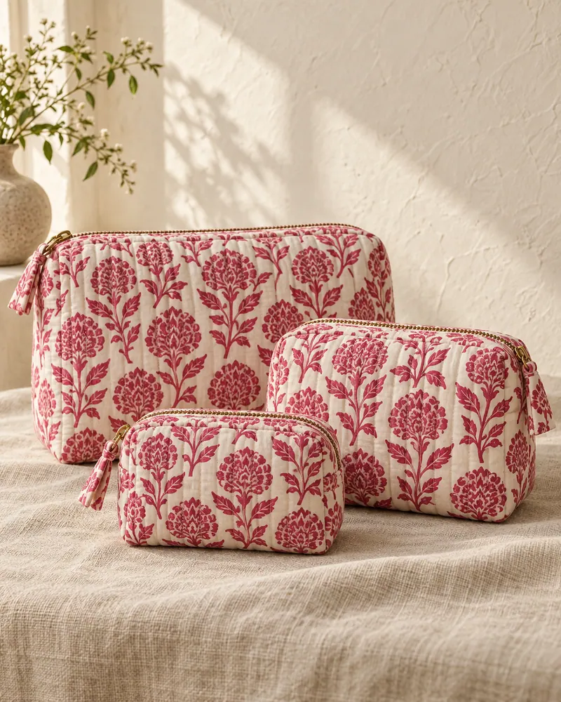 Raspberry floral cosmetic bags