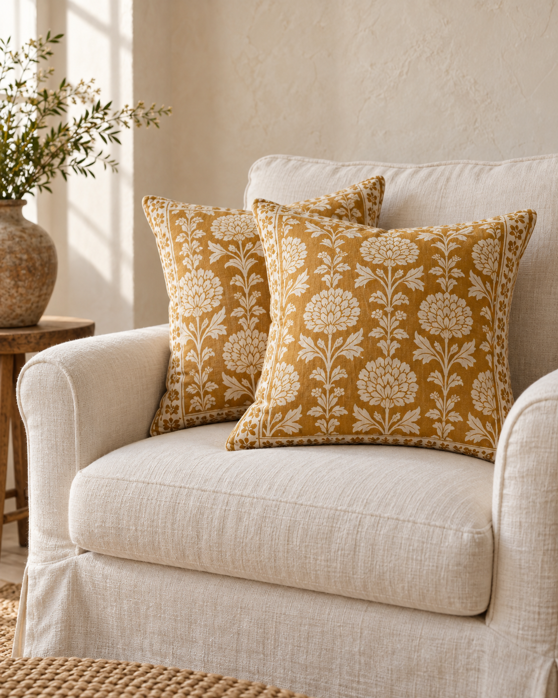 Ochre botanical cushions