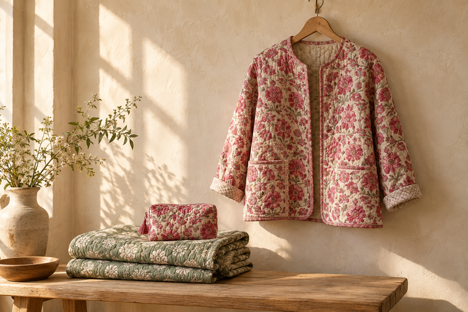 Block-print jacket, folded textiles and a floral pouch in warm sunlight.